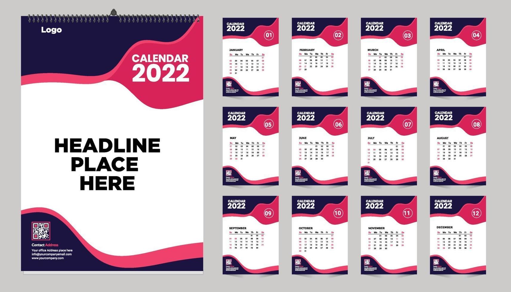 gratis månatlig malldesign för väggkalender för 2022, 2023, 2024, 2025, 2026, 2026 år. veckan börjar på söndag. planerare dagbok med plats för foto. vektor