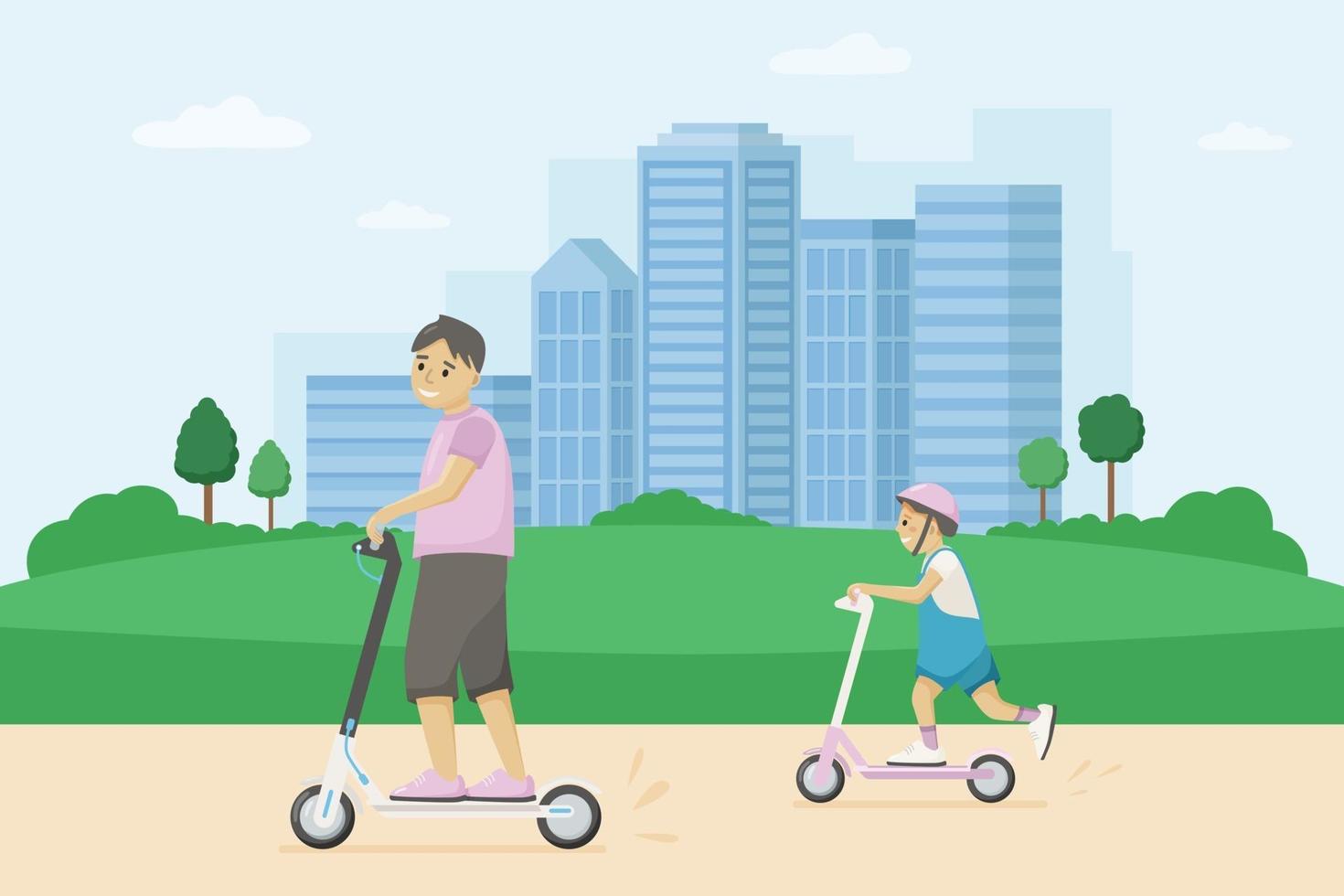 leende man med ett barn rider sparkcyklar runt staden. vektor urban illustration. urbana miljövänliga transporter.