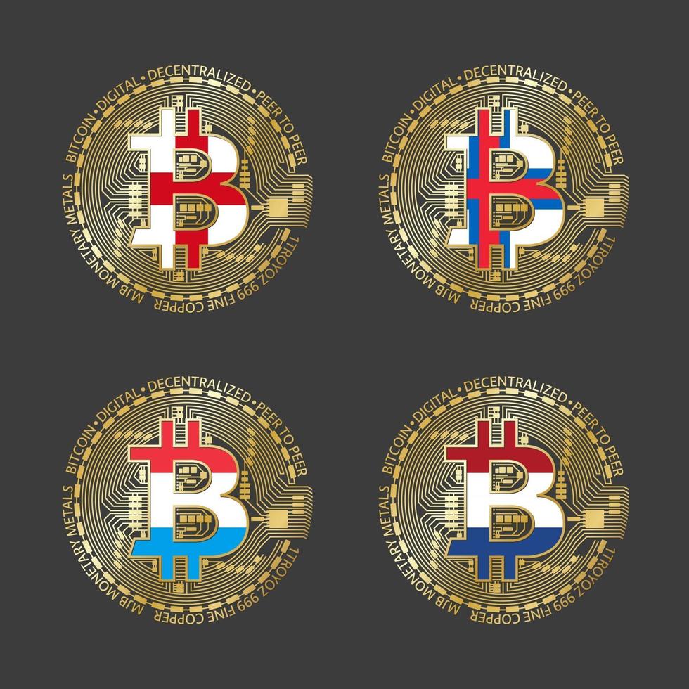 Vier goldene Bitcoin-Symbole mit Flaggen von England, Färöer, Luxemburg und Holland. Symbol für Kryptowährungstechnologie. Vektor digitale Geldsymbole auf grauem Hintergrund isoliert