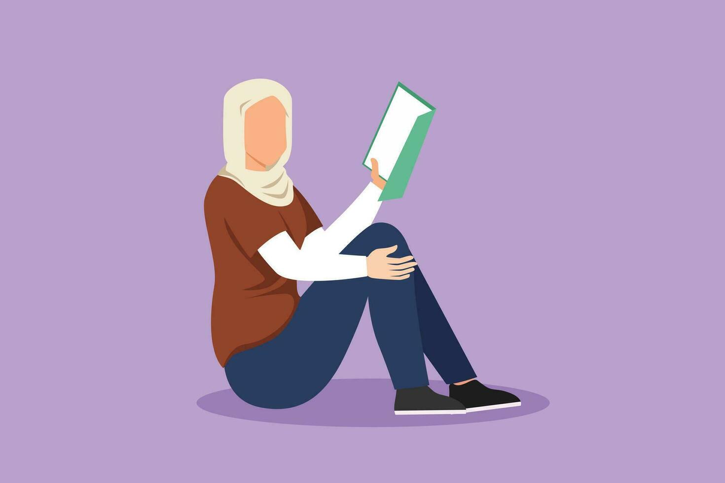 Grafik eben Design Zeichnung jung schön arabisch Frau Sitzung auf Boden, lesen Buch. Lektüre, studieren. ziemlich Mädchen Liebe zu lesen Literatur. Ausbildung, Bibliothek. Karikatur Stil Vektor Illustration