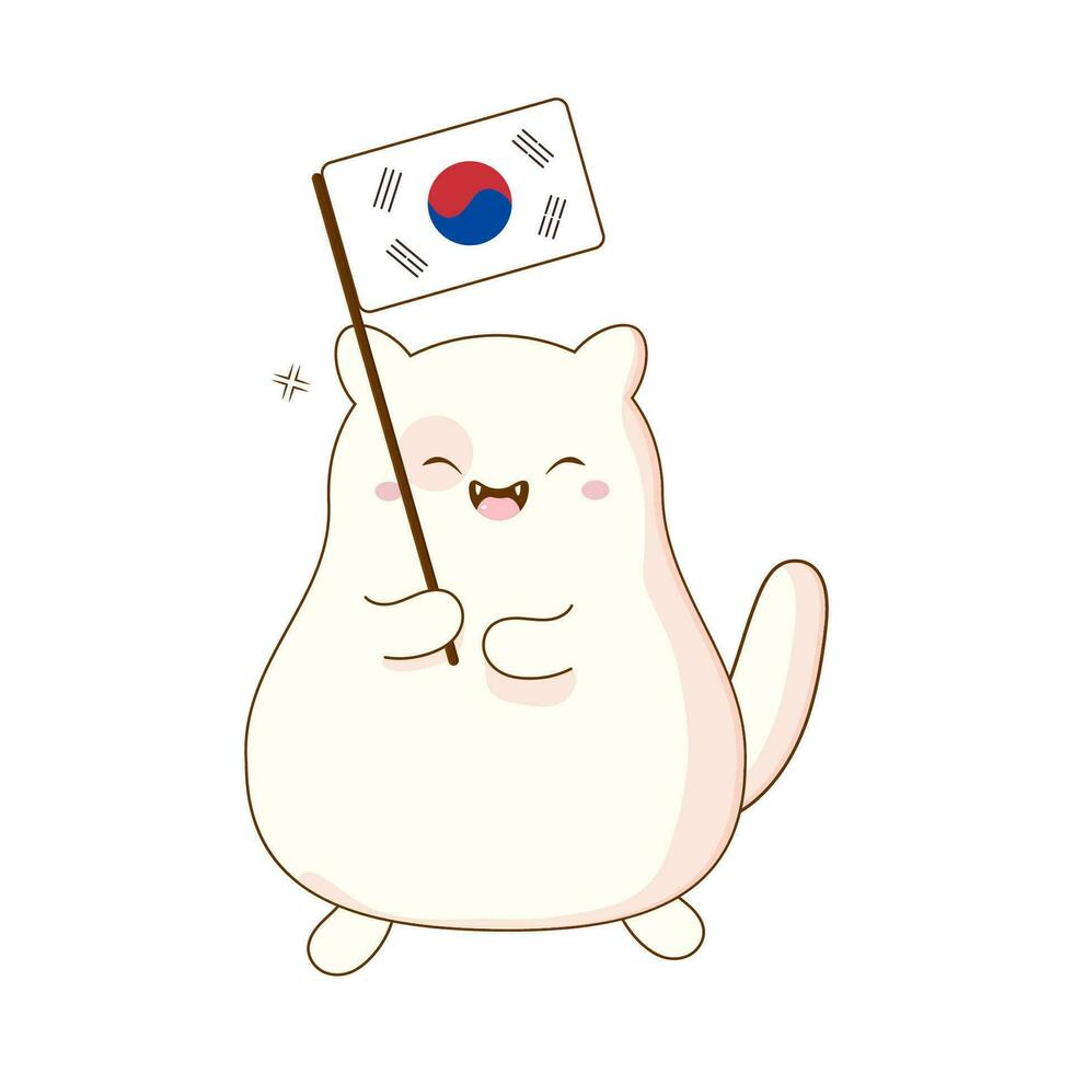 süß kawaii Koreanisch Katze halten ein Flagge. Vektor