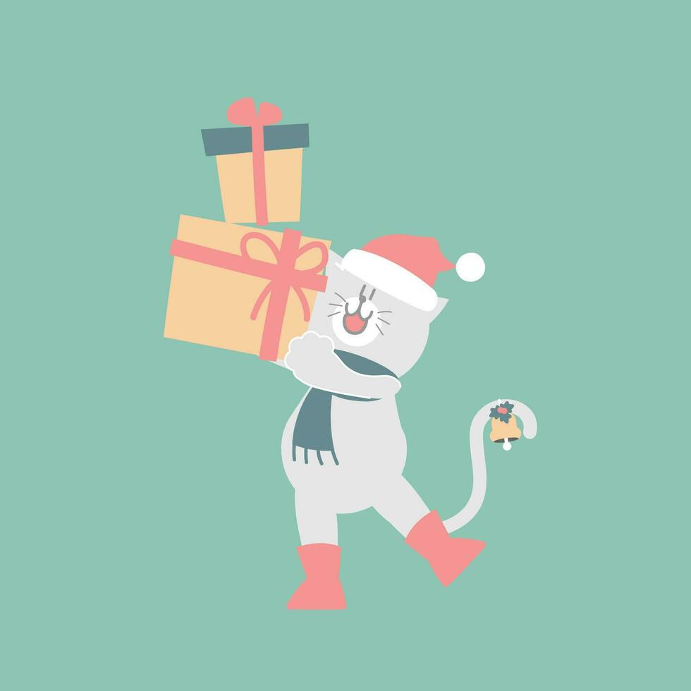 fröhlich Weihnachten und glücklich Neu Jahr mit süß Katze und Geschenk Geschenk Box im das Winter Jahreszeit Grün Hintergrund, eben Vektor Illustration Karikatur Charakter Kostüm Design