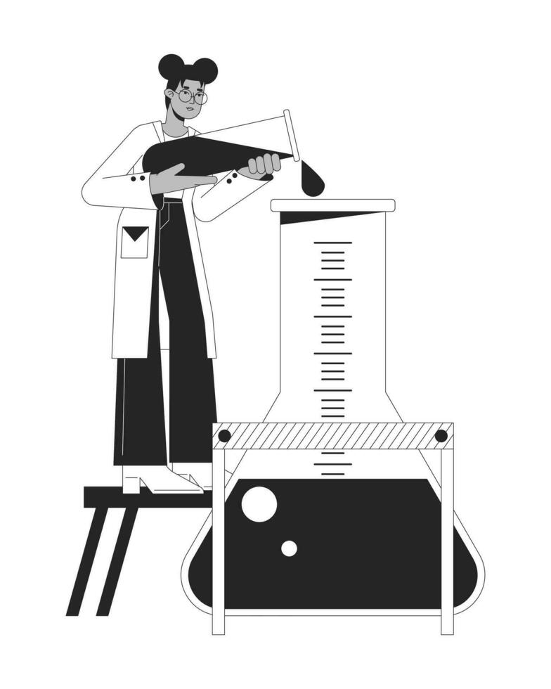 Chemie Experiment bw Konzept Vektor Stelle Illustration. weiblich Wissenschaftler gießen Flüssigkeit in Flasche 2d Karikatur eben Linie monochromatisch Charakter zum Netz ui Design. editierbar isoliert Gliederung Held Bild