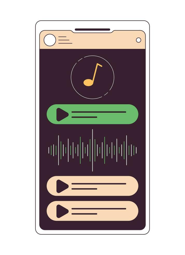 Musik- App auf Smartphone Bildschirm eben Linie Konzept Vektor Stelle Illustration. Gadget 2d Karikatur Gliederung Objekt auf Weiß zum Netz ui Design. Hören zu Musik- editierbar isoliert Farbe Held Bild