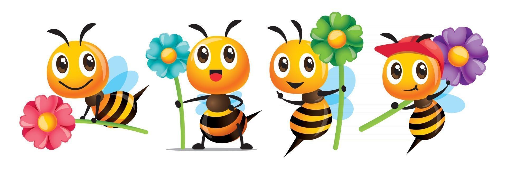 tecknad söt bi med leende serie som håller stora färgglada blommor maskot set vektor