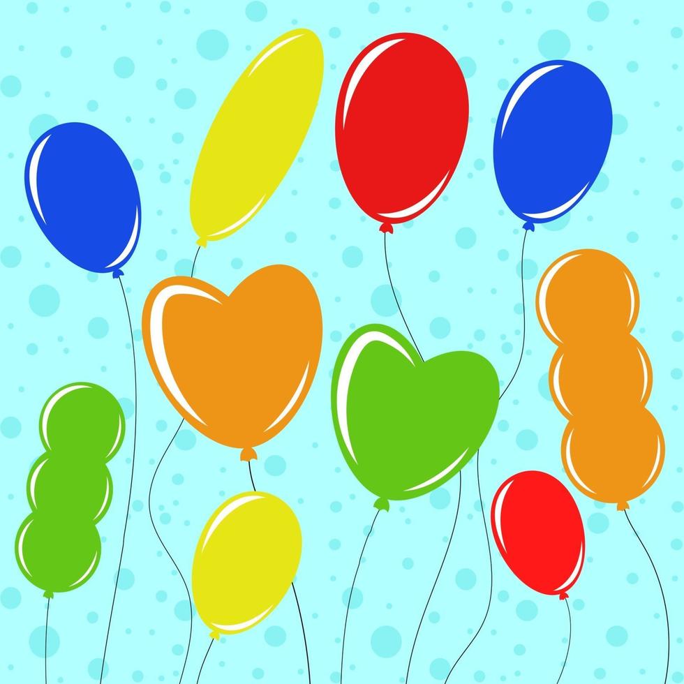 Satz flacher farbiger, isolierter Ballons auf der Wäscheleine. einfache Zeichnung auf blauem Hintergrund vektor