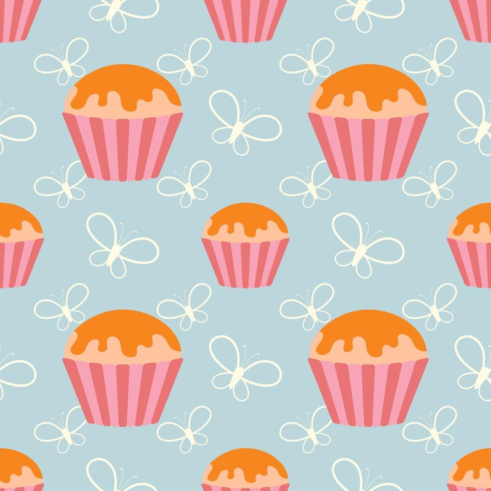 Farbe nahtlose Muster von leckeren Cupcakes auf blauem Grund. einfache flache vektorillustration. geeignet für Tapeten, Stoffe, Geschenkpapier, Abdeckungen. vektor