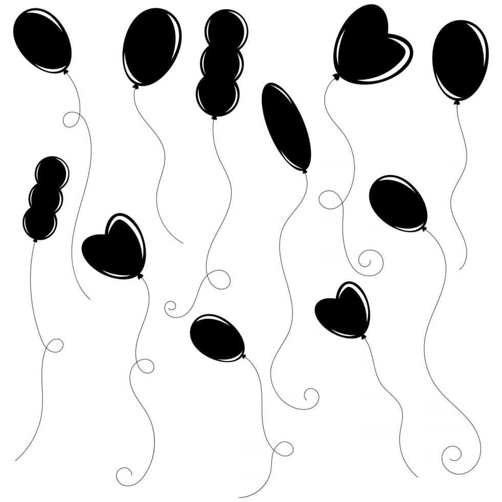 eine Reihe von flachen schwarzen isolierten Silhouetten von Luftballons verschiedener Formen auf Weiß. einfache flache vektorillustration. geeignet für Design, Werbung, Urlaub, Karten. vektor