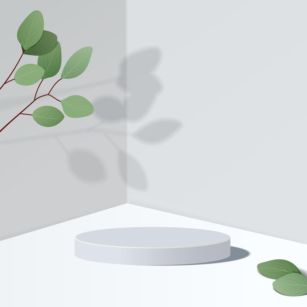 abstrakte minimale Szene mit geometrischen Formen. Zylinderpodest in weißem Hintergrund mit Blättern. Produktpräsentation, Mock-Up, Show-Kosmetikprodukt, Podium, Bühnenpodest oder Podest. 3D-Vektor vektor