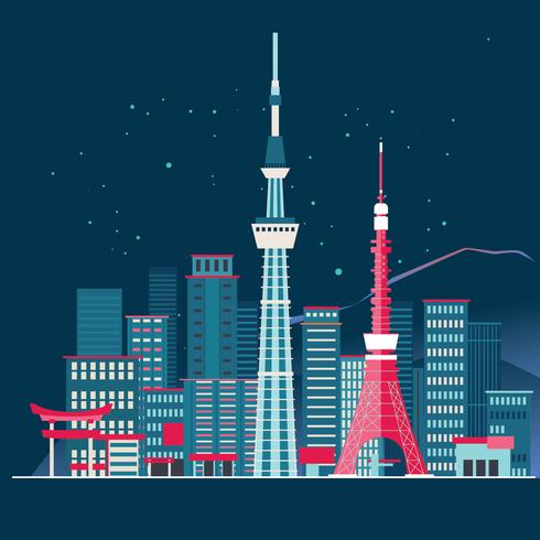 Tokyo City Skyline Detaljerad Silhuett och Fuji Mountain Bakgrund vektor