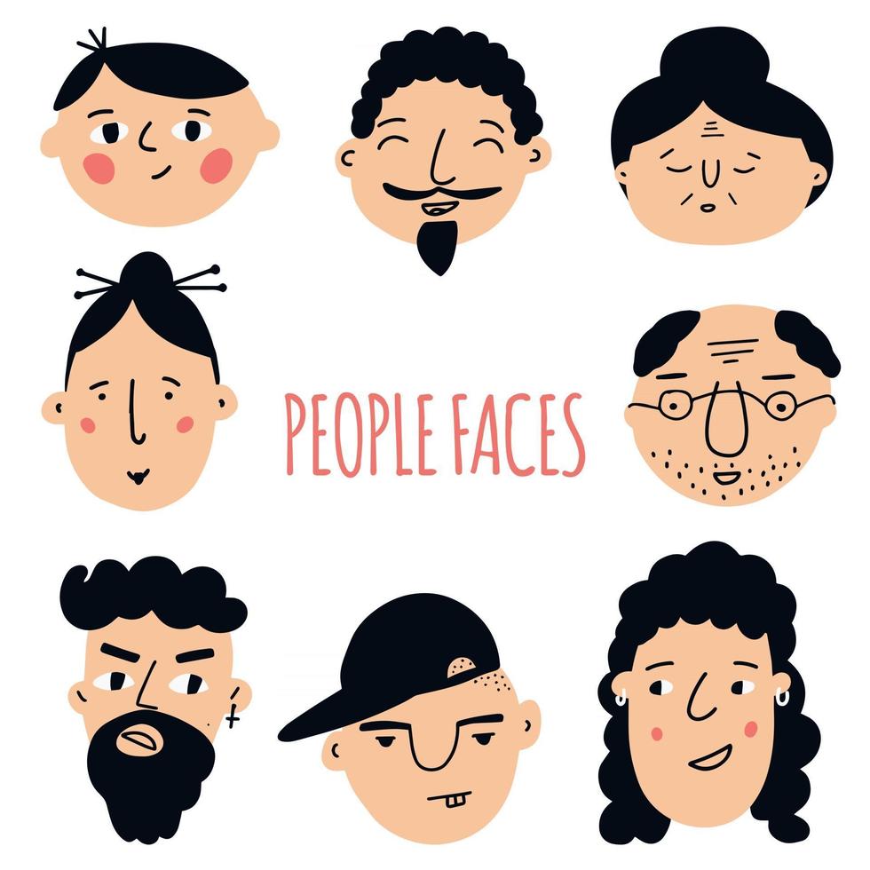Reihe von Gesichtern der Völker. handgezeichnete Grafiken. verschiedene Männer und Frauen. Zeichentrickfiguren. Vektor-Illustration vektor