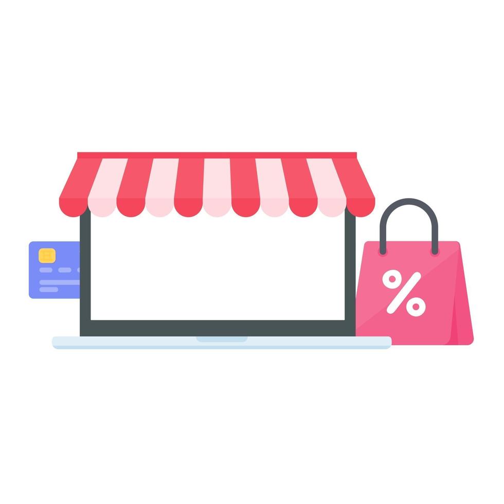 bärbar dator med rött markis och shoppingkassar online butikskoncept vektor