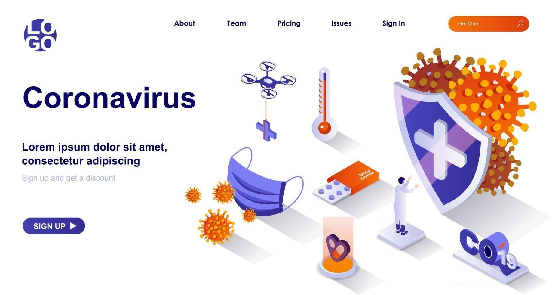 coronavirus isometrisk målsida. slåss mot pandemin, stoppa covid-19 isometri-konceptet vektor