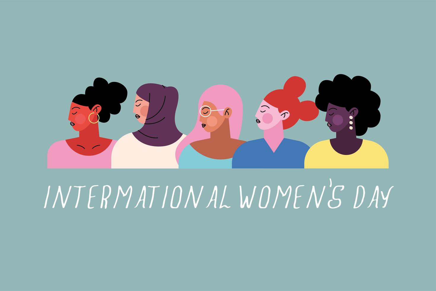 Happy Womens Day Schriftzug mit einer Gruppe von fünf Damenfiguren vektor