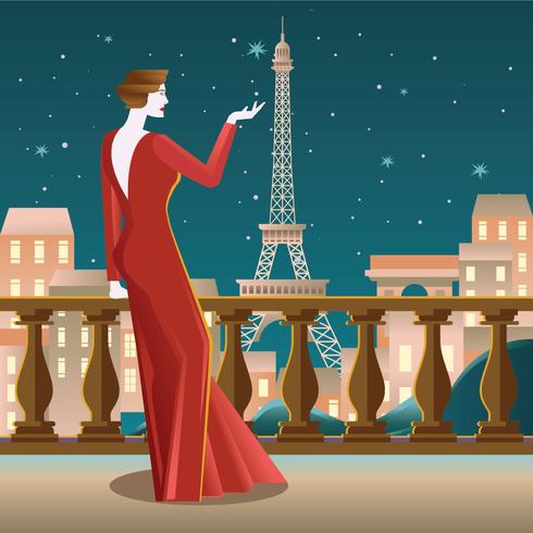 Vacker damen på balkongen i Paris ser Eiffel vektor