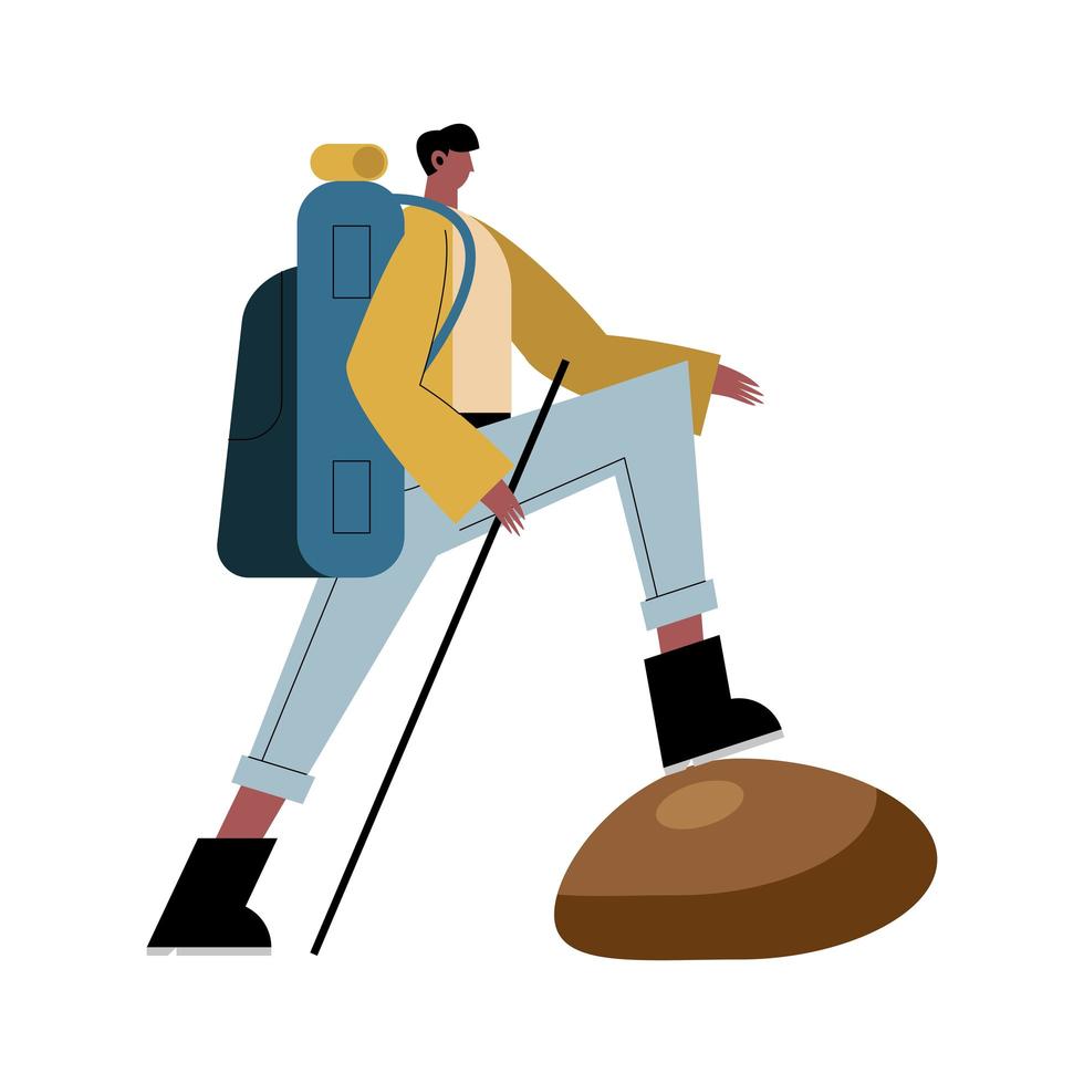Wanderer-Mann-Cartoon mit Tasche und Stick auf Steinvektordesign vektor