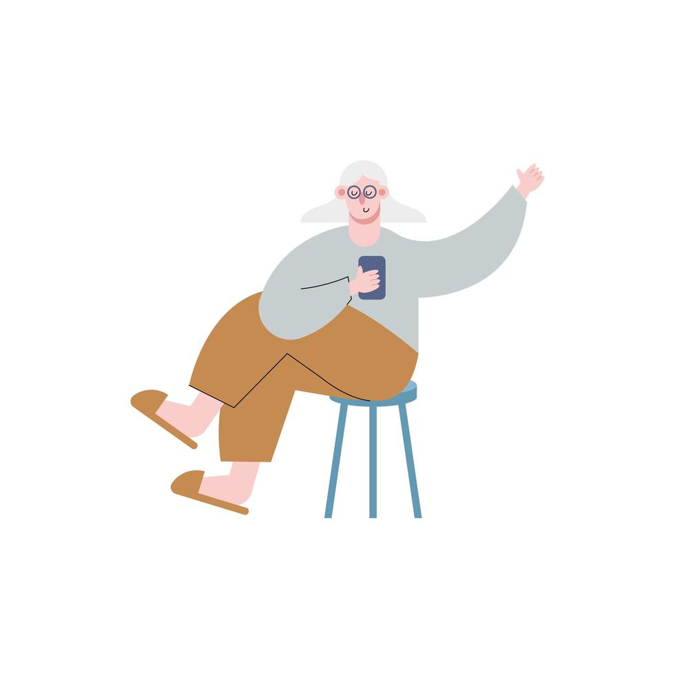 gammal kvinna med smarttelefonteknologi som sitter i stol vektor