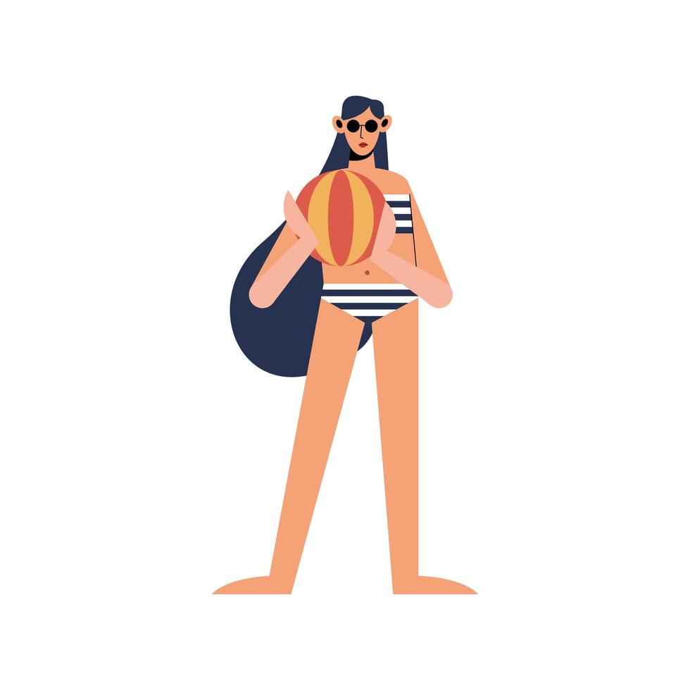 Sommerfrauenkarikatur mit Bikini- und Ballvektordesign vektor