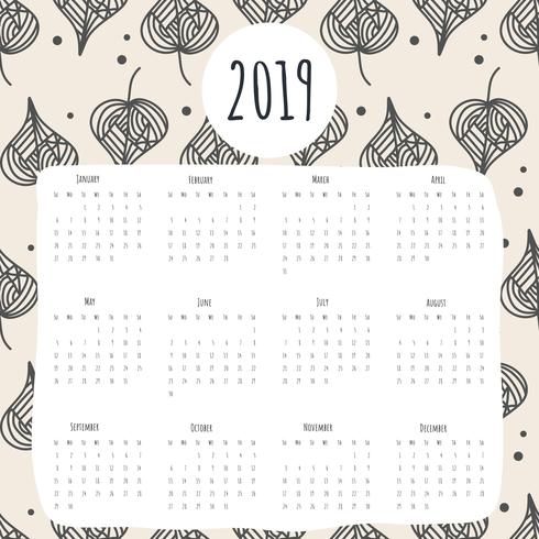 2019 Utskriftsbar kalendervektor vektor