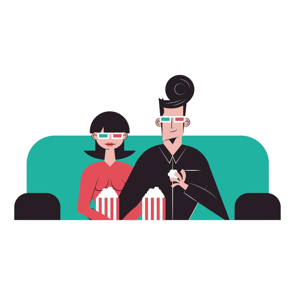 Romantische Paarkarikaturen, die 3D-Film mit Brille und Popcorn-Vektordesign sehen seeing vektor