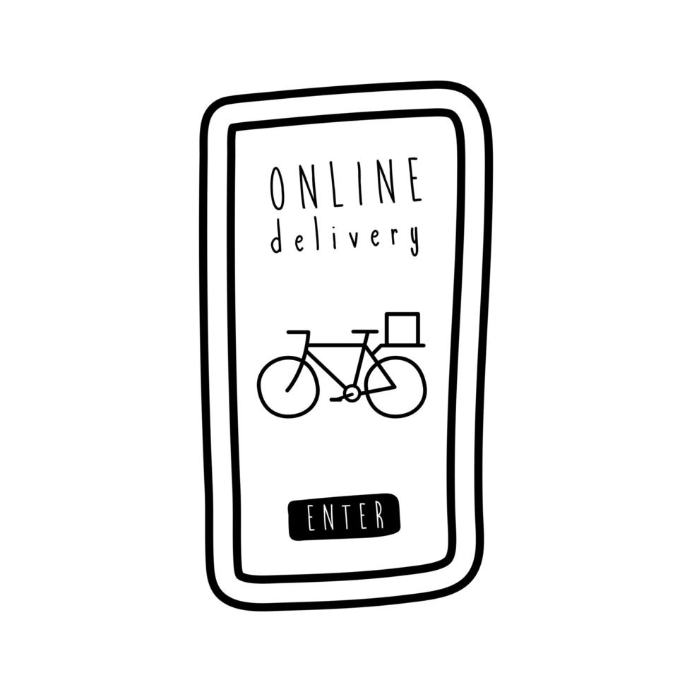 Online-Liefer-Schriftzug-Aktion mit Fahrrad im Smartphone-Linien-Stil vektor