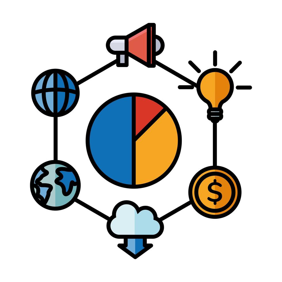 digitales Marketing und Kreisdiagramm mit Symbolvektordesign vector