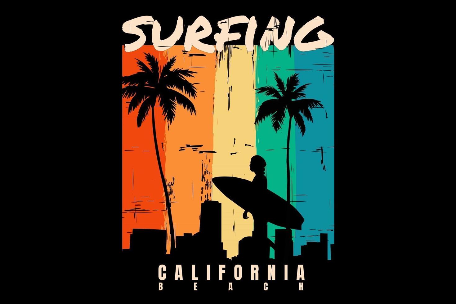 T-Shirt Silhouette Surfen Strand Sonnenuntergang Kalifornien schöner Retro-Stil vektor