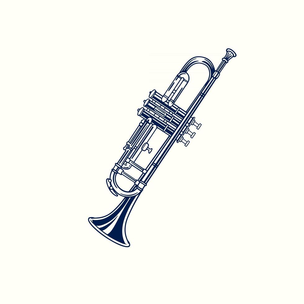 handgezeichnete gravierte Trompete isoliert auf weißem Hintergrund. skizzieren Sie Vintage Wind musikalisches Werkzeugkonzept. Vektor-Illustration klassisches Jazz-Musikinstrument im alten Retro-Stil vektor