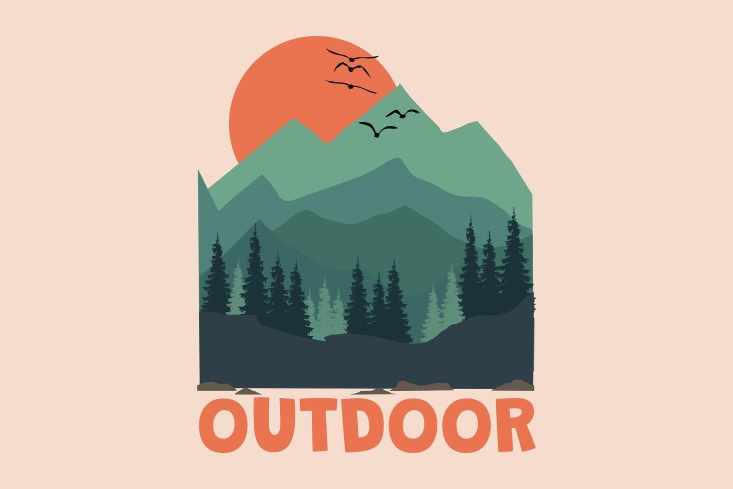 T-Shirt Outdoor Berg schöner Himmel Kiefer Landschaft Sonnenuntergang Retro-Stil Vintage vektor