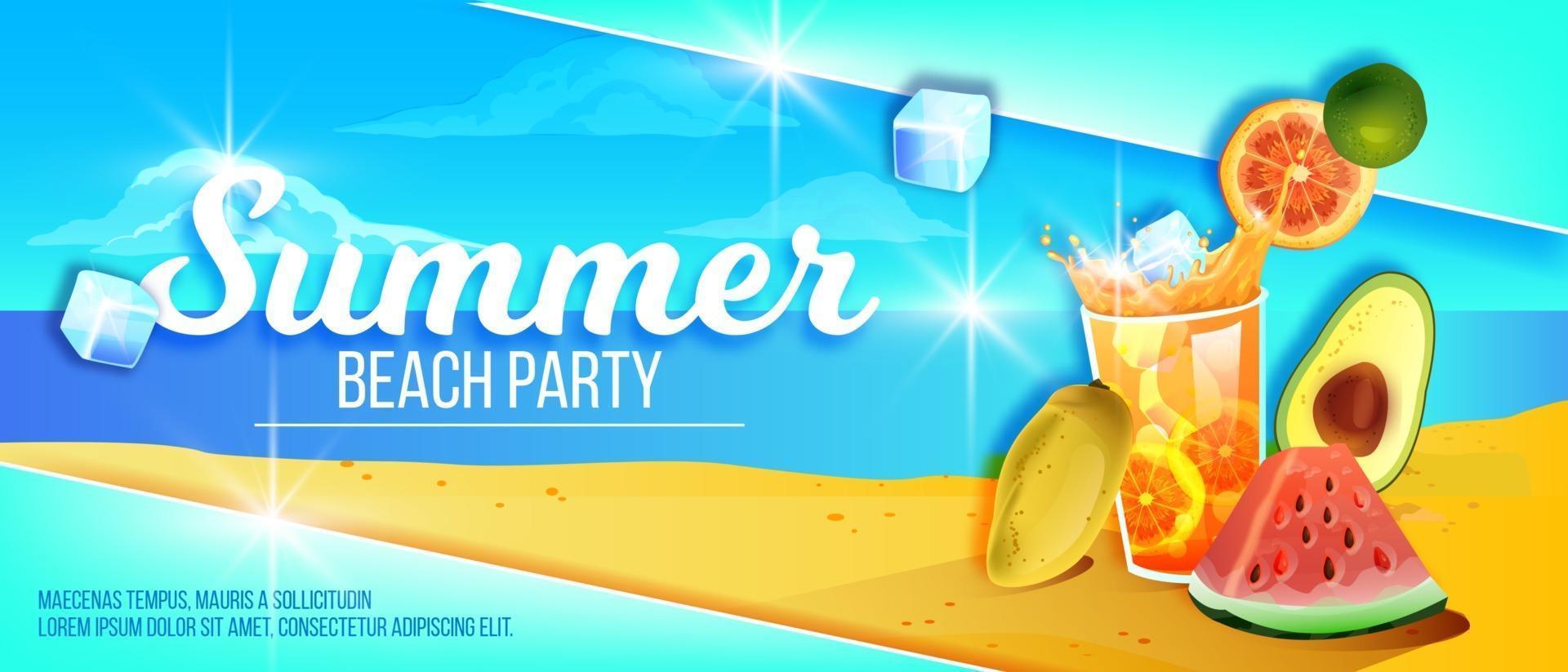 Sommer-Strandparty-Banner, tropischer Inselsand, exotische Früchte, kaltes Eisgetränkeglas, Wassermelone vektor