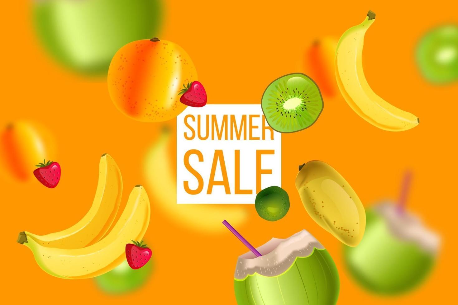 sommarförsäljning orange banner, het rabatt bakgrund, banan, kiwi, kokosnöt med halm, mango vektor