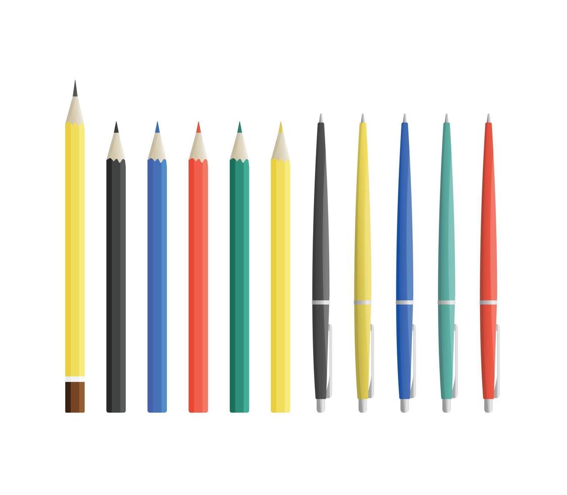 uppsättning olika färgpennor och pennor isolerad på vit bakgrund vektor