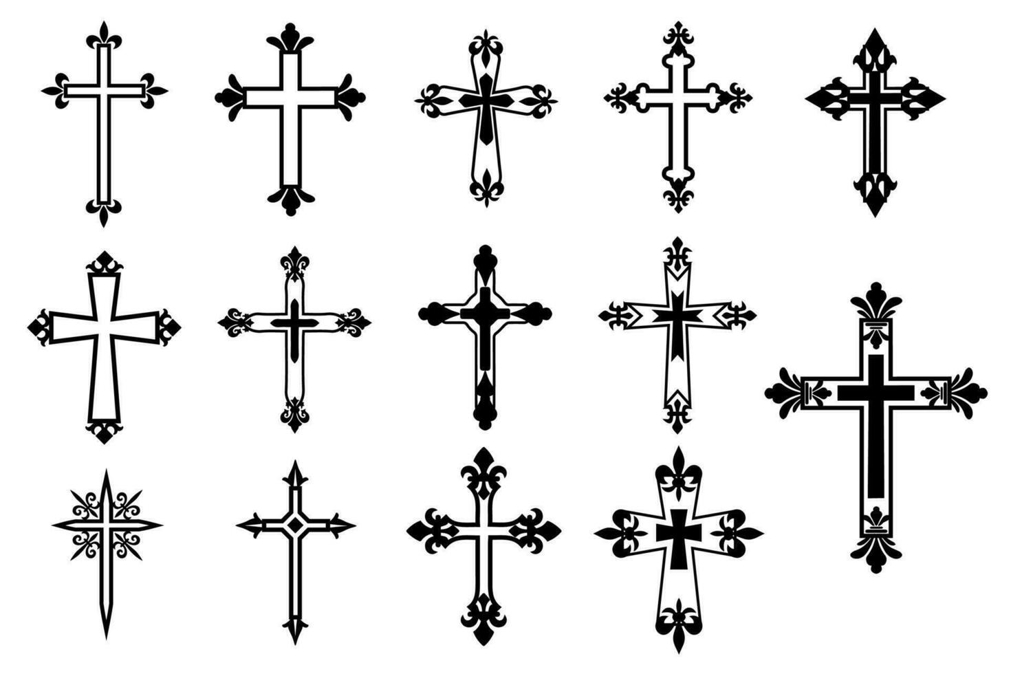 dekorativ Kruzifix Religion katholisch Symbol, Christian Kreuze. orthodox Vertrauen Kirche Kreuz Symbole Design, isoliert eben Satz. Vektor Illustration.