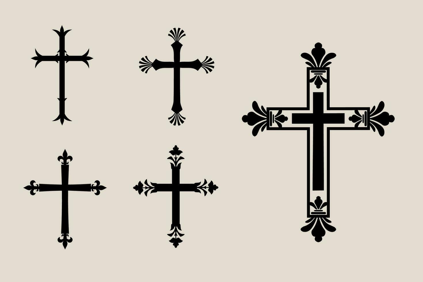 dekorativ Kruzifix Religion katholisch Symbol, Christian Kreuze. orthodox Vertrauen Kirche Kreuz Symbole Design, isoliert eben Satz. Vektor Illustration.