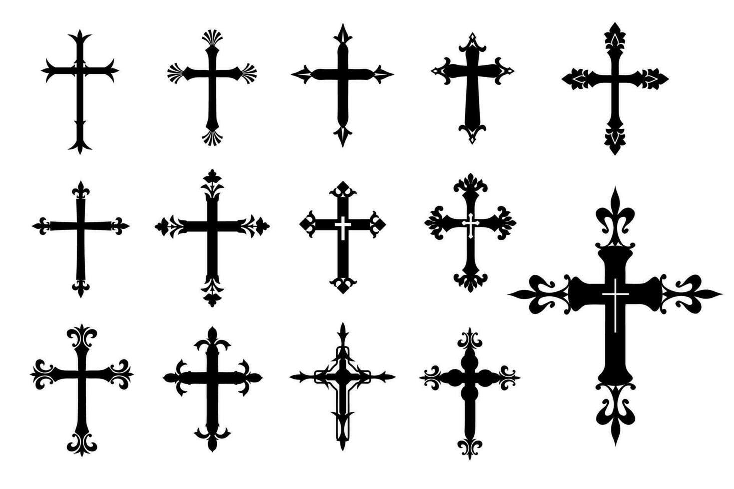 dekorativ Kruzifix Religion katholisch Symbol, Christian Kreuze. orthodox Vertrauen Kirche Kreuz Symbole Design, isoliert eben Satz. Vektor Illustration.