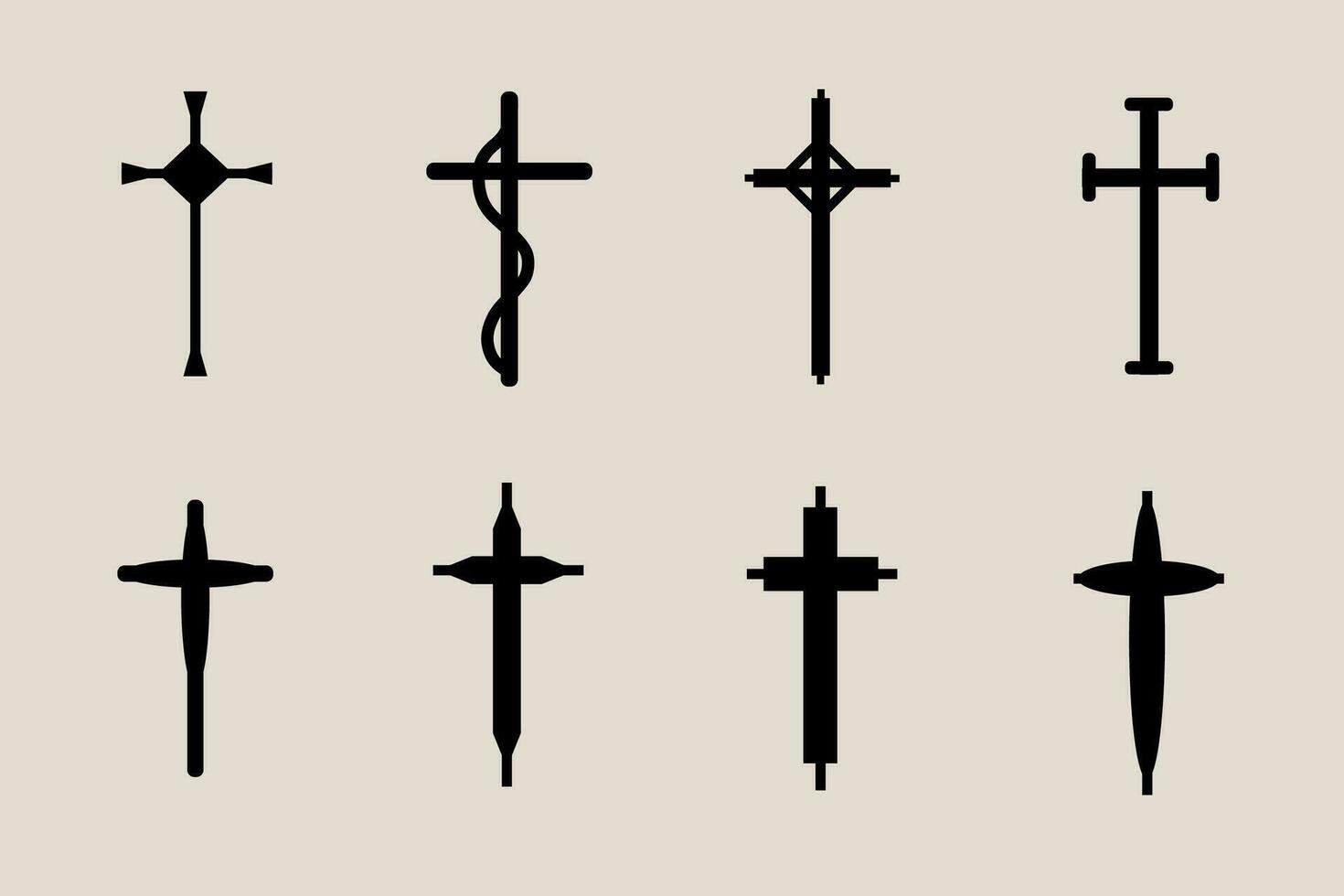 dekorativ krucifix religion katolik symbol, kristen går över. ortodox tro kyrka korsa ikoner design, isolerat platt uppsättning. vektor illustration.