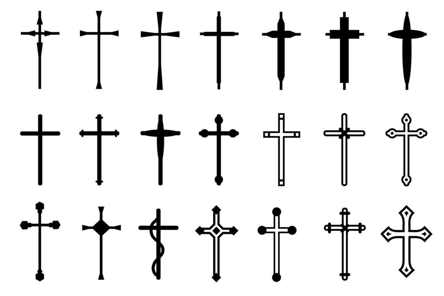 dekorativ krucifix religion katolik symbol, kristen går över. ortodox tro kyrka korsa ikoner design, isolerat platt uppsättning. vektor illustration.