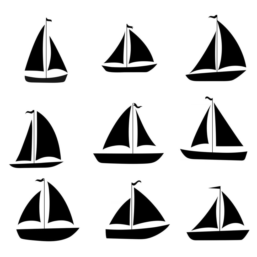 Yacht, Segelboote eingestellt. schwarze Silhouette auf weißem Hintergrund. Aktienvektorillustration. vektor