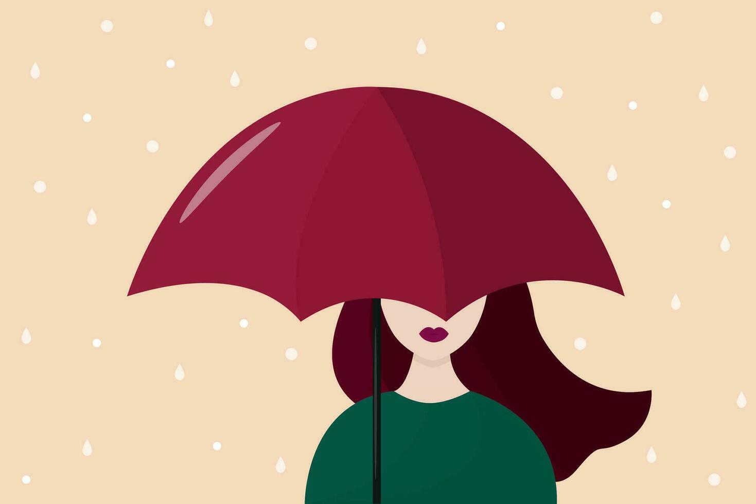 schön Frau unter rot Regenschirm. Regentropfen auf Beige Hintergrund. eben Vektor Illustration