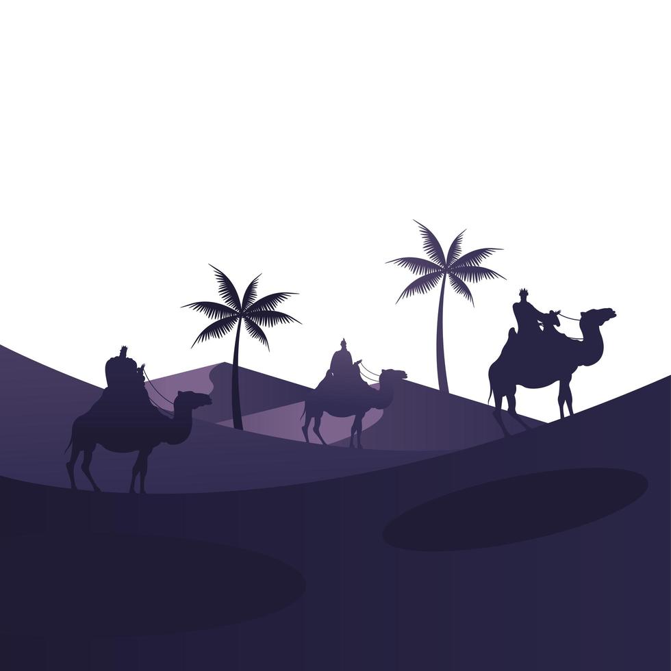 weise Männergruppe in Kamelen und Palmen Krippenfiguren Silhouette vektor
