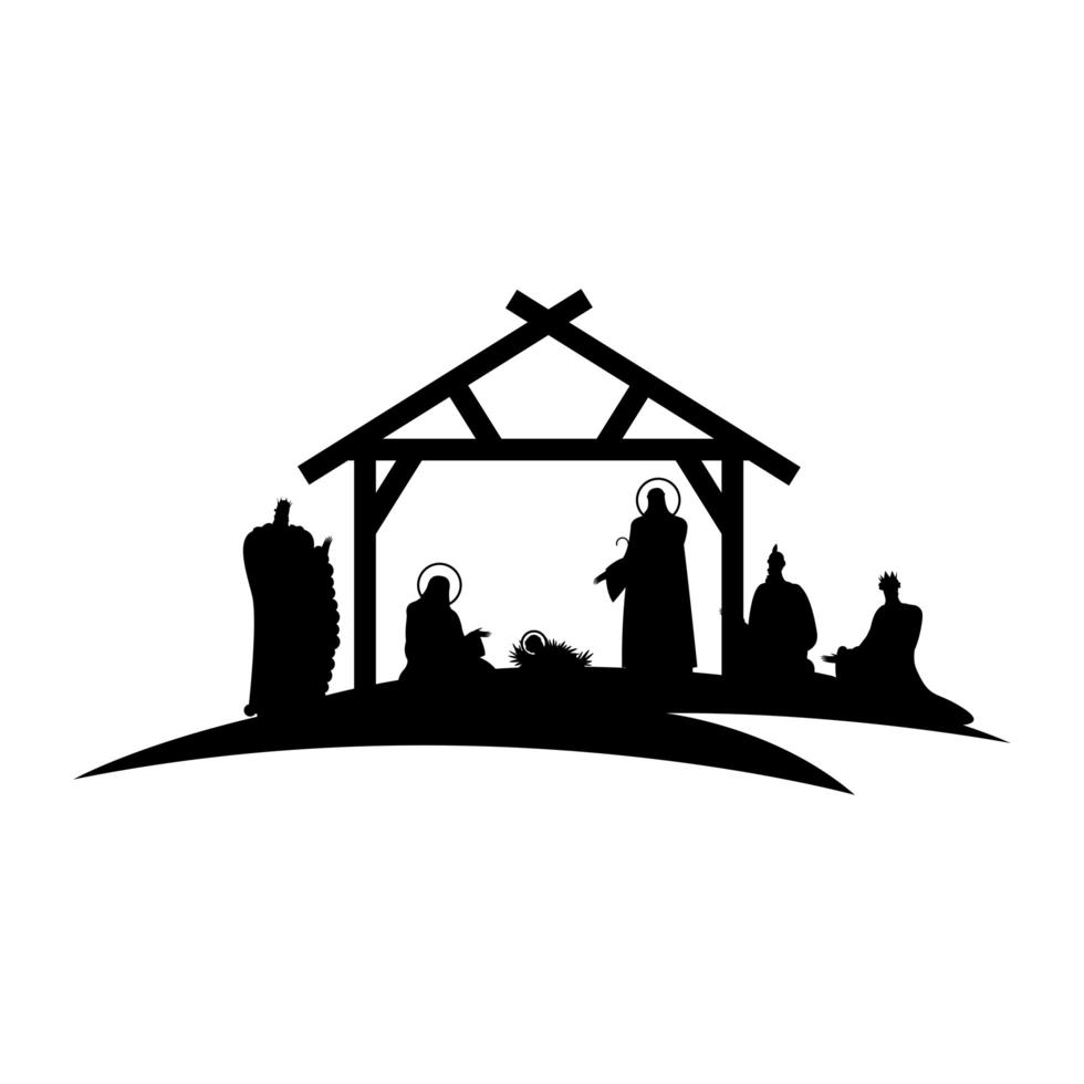 Heilige Familie Krippenfiguren im Stall mit Königen weisen schwarzen Silhouetten vektor