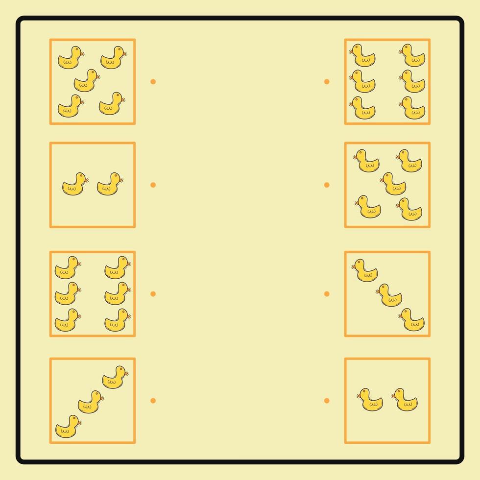 pädagogisches Puzzlespiel, das Verbindungslinien zum Finden der richtigen Paare bildet. süße Entenspielzeugikone. Arbeitsblatt zum Gehirntraining für Kinder vektor