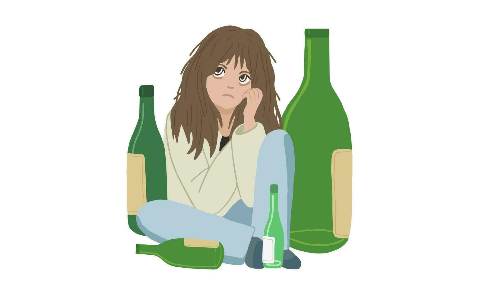 kvinna alkoholism. full ung kvinna sitter i en lugg av tömma flaskor. alkohol missbruk. alkohol missbruk. mental hälsa. depression, påfrestning, dålig vana, ohälsosam livsstil. isolerat vektor