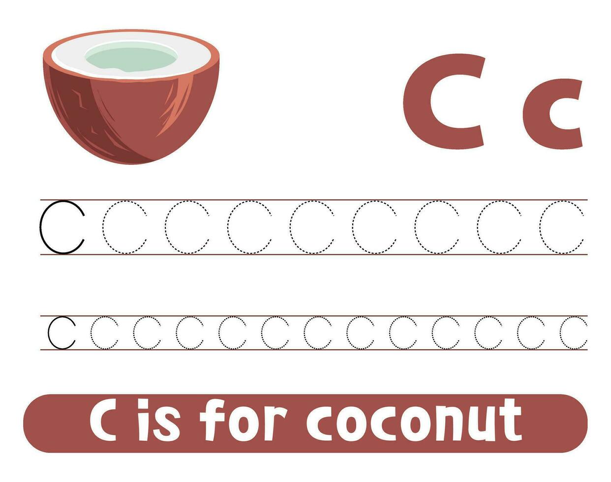 spårande alfabet brev c med kokos. kalkylblad för barn. vektor
