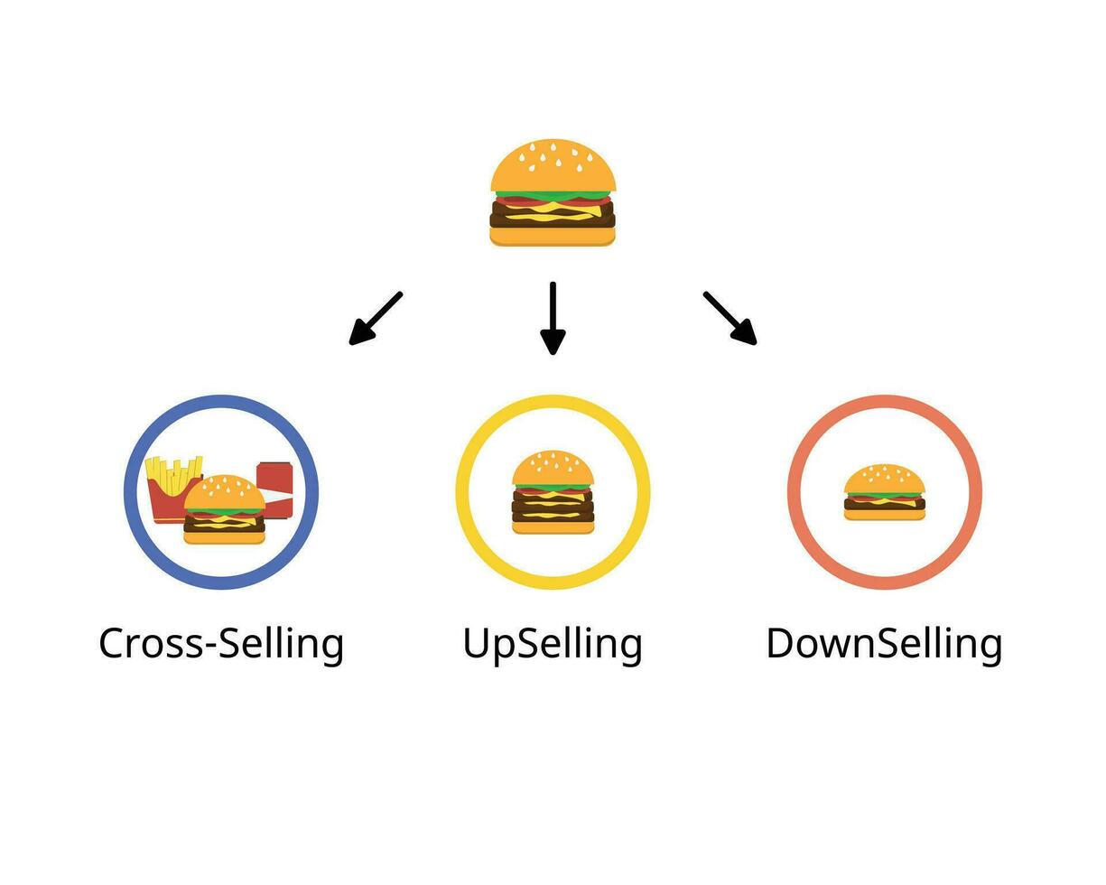 korsförsäljning jämföra med upselling och nedförsäljning för försäljning Metod till uppmuntra kund till köpa vektor