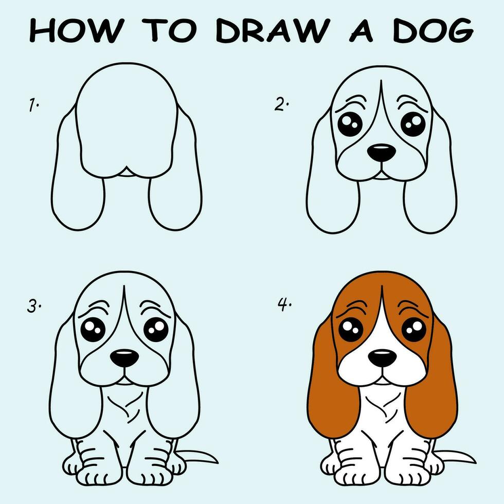 steg förbi steg till dra en hund. teckning handledning en hund. teckning lektion för barn. vektor illustration