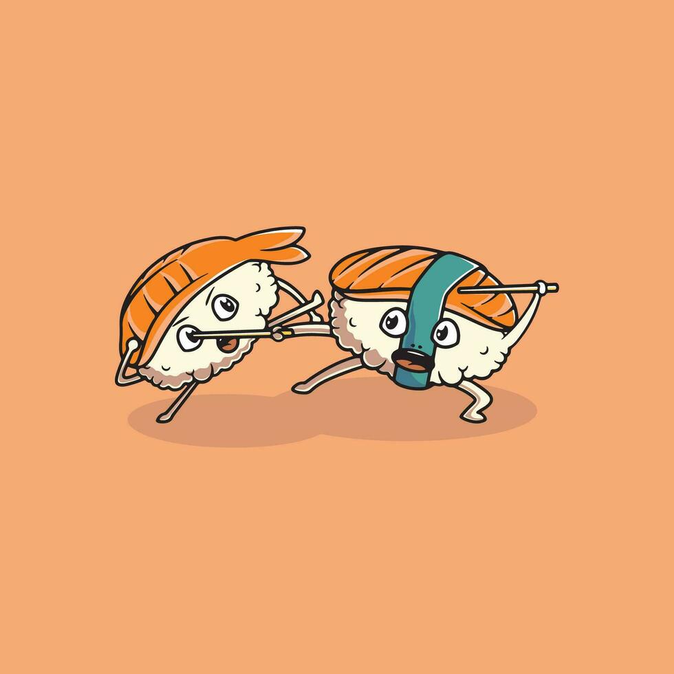 söt sushi bekämpa tecknad serie illustration vektor