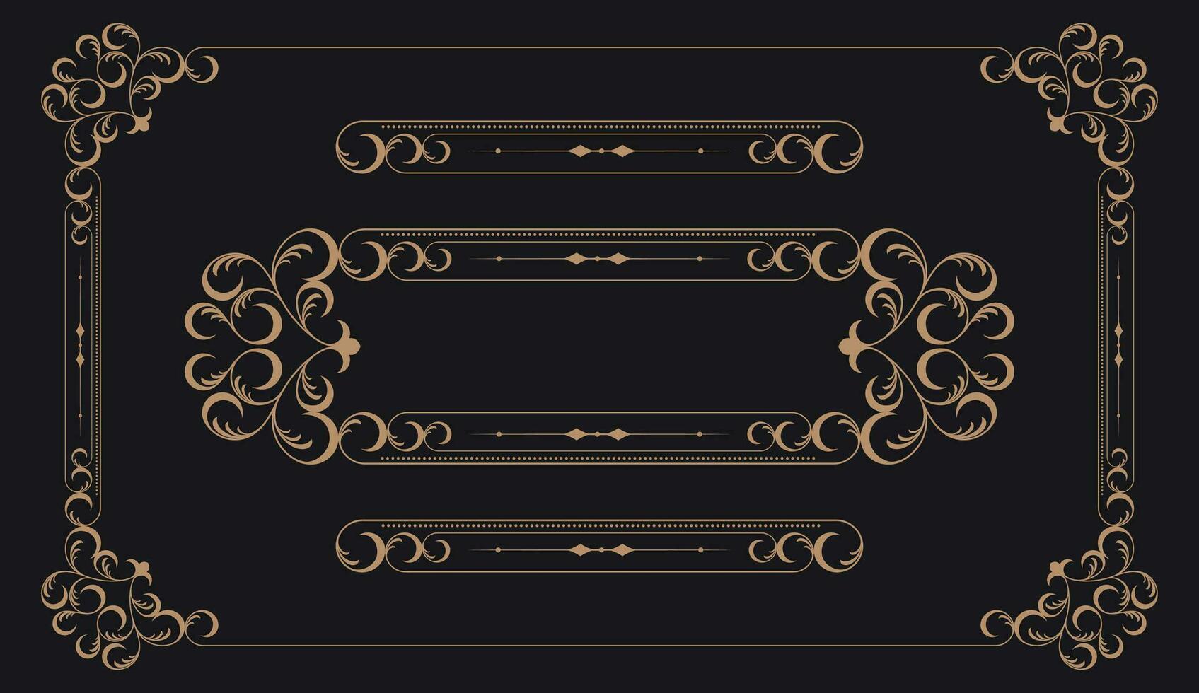 golden Rand Rahmen einstellen Vorlage mit Zier Ecke Linien und Ornament Kreise innen, Vektor Rahmen Dekoration Muster Stil