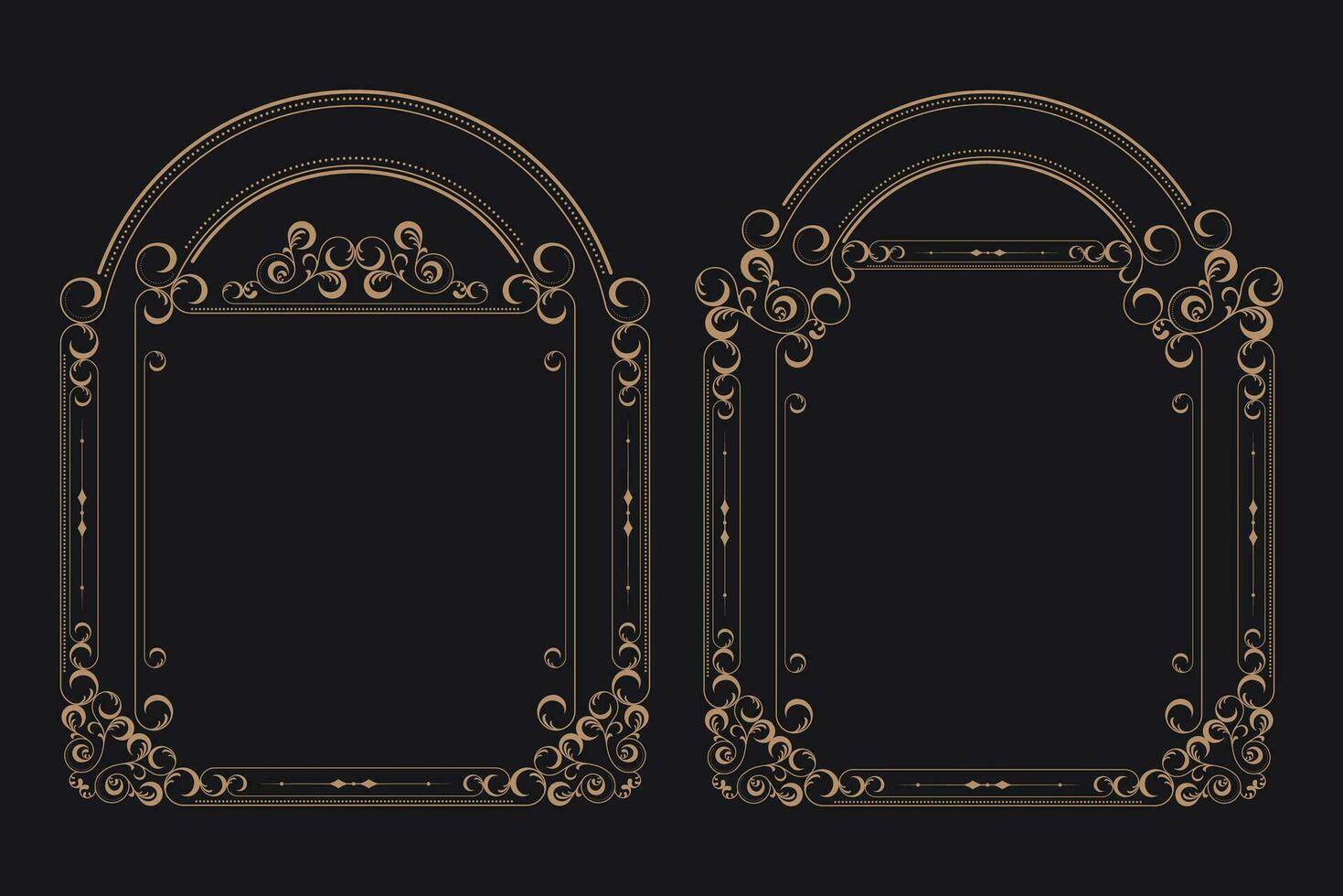 golden Rand Rahmen einstellen Vorlage mit Zier Ecke Linien, Oval oder Kreis Form, Vektor Rahmen Dekoration Muster Stil