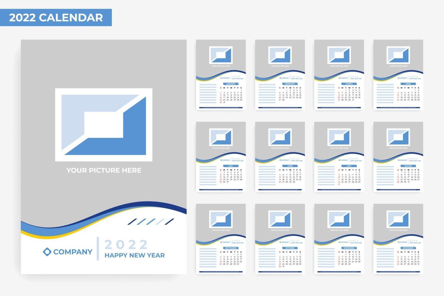 2022 blå kalendermall med plats för bild vektor